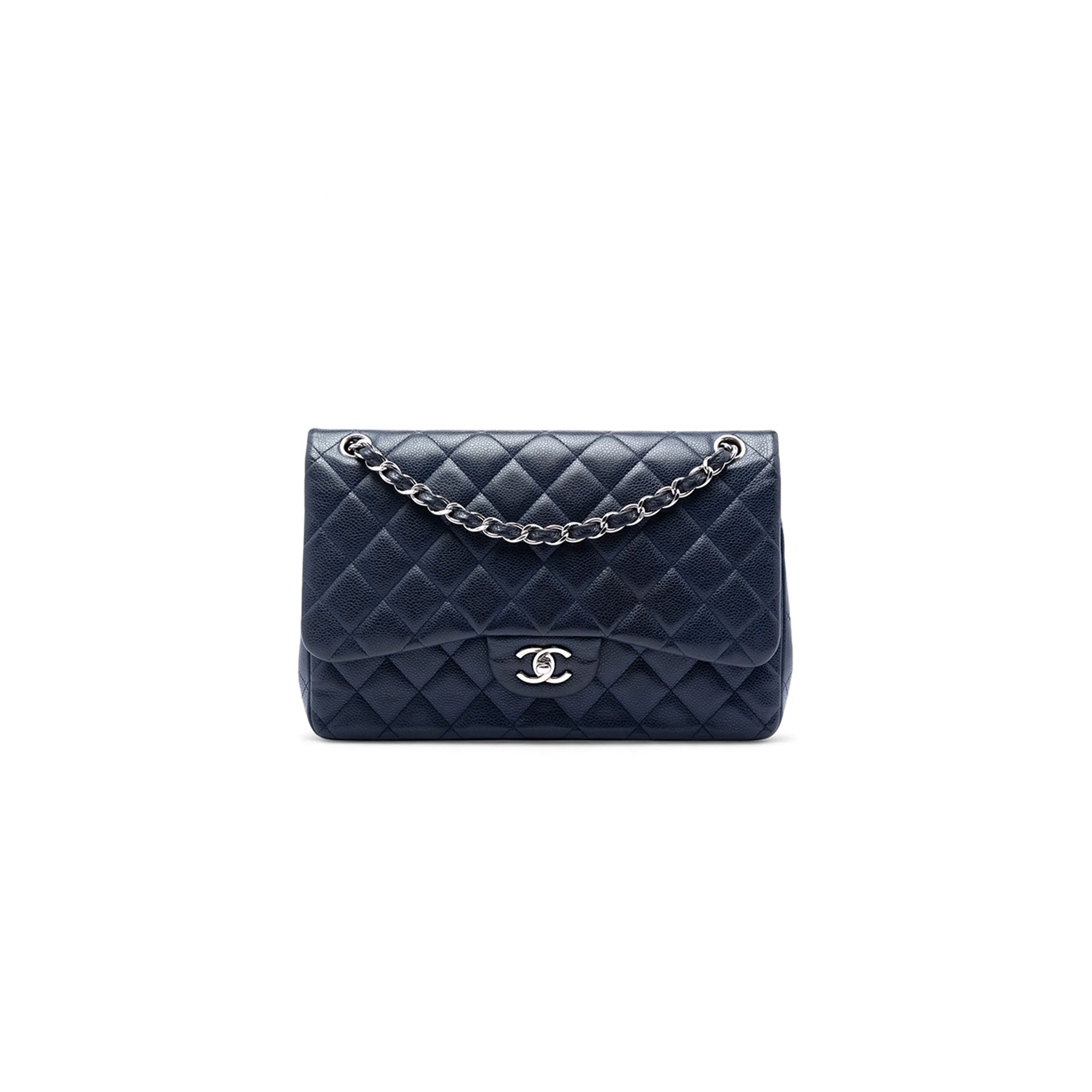 CHANEL BLUE QUILTED LEATHER JUMBO CLASSIC FLAP BAG (30*20*9cm)